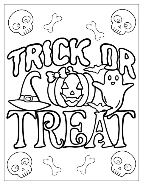 Trick Or Treat Coloring Page Words With Witch’s Hat And Ghost
