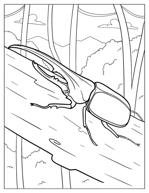 Pe un buștean, un gândac Hercules își etalează cornul.
