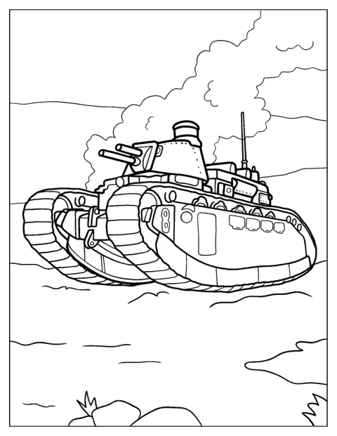 昔ながらの形をした軍用戦車が描かれています。