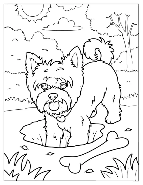 A kölyök Yorkshire terrier gödröt ás a napos udvaron.