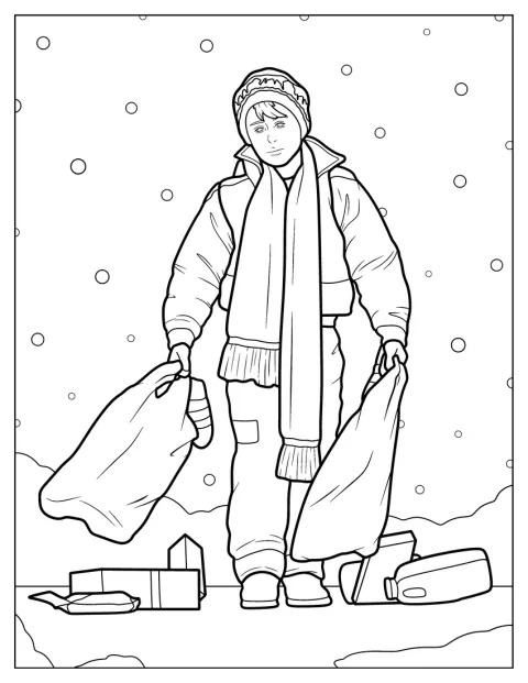 Kevin McCallister marche dans la neige, des sacs en plastique à la main.
