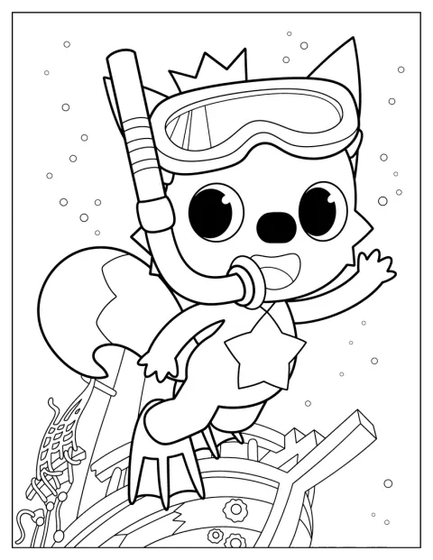 Kočka Pinkfong šnorchluje pod vodou.