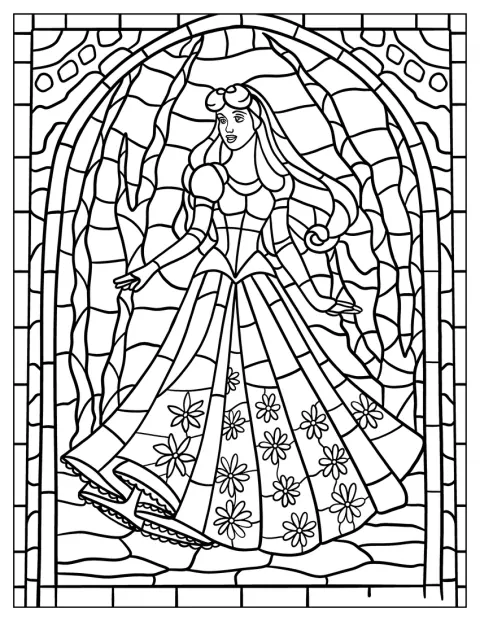 La princesse Aurore est représentée dans un vitrail décoratif.