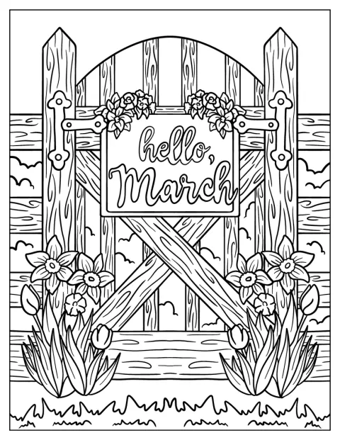 Hello March Coloring Page Signage On A Wooden Gate