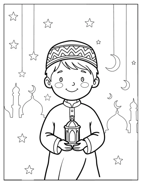Een moslimjongen houdt tijdens Ramadan een lantaarn vast onder een sterrenhemel.