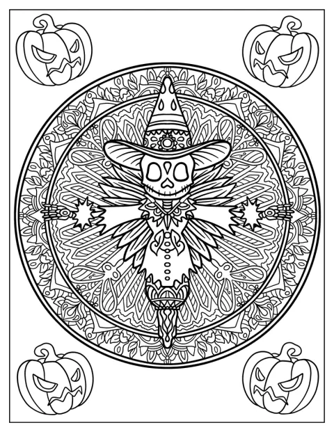 Et detaljeret fugleskræmsel indgår i et mønstret mandala-design.