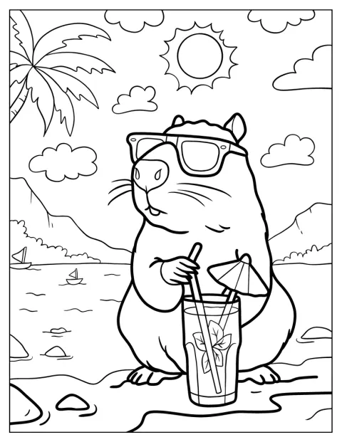 Con gli occhiali da sole, un capibara sorseggia un bicchiere di limonata.