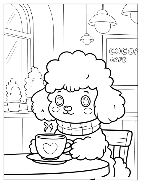 Au chaud dans un café accueillant, un caniche à l’écharpe boit une tasse de café.