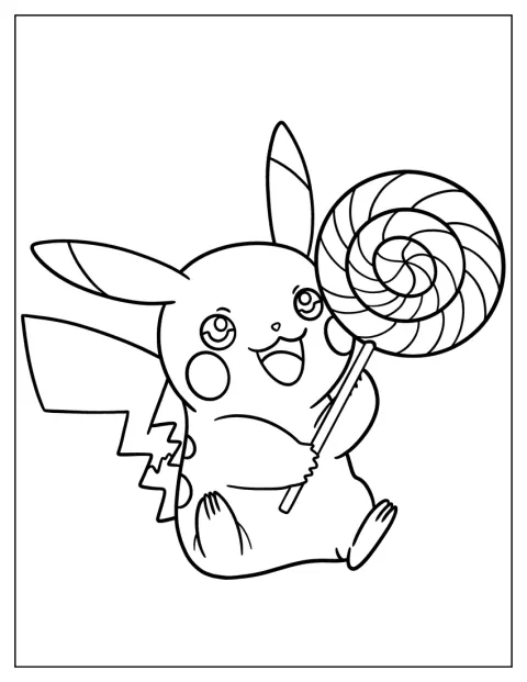 Pikachu sostiene una piruleta en espiral entre sus patas.