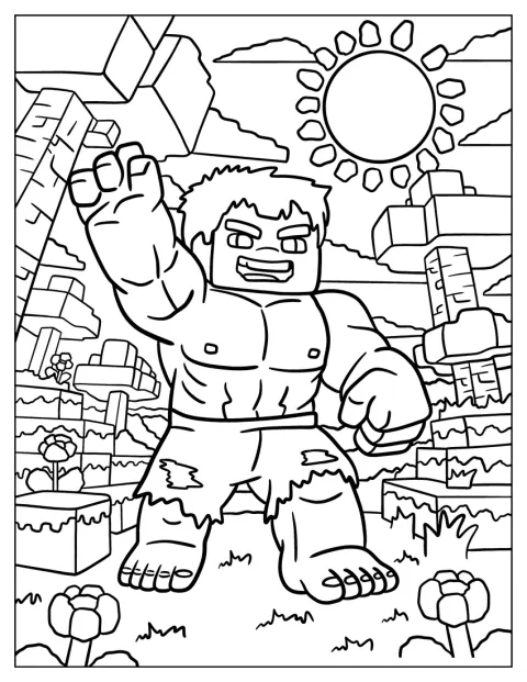 Hulk souriant apparaît dans un univers aux formes cubiques inspiré de Minecraft.