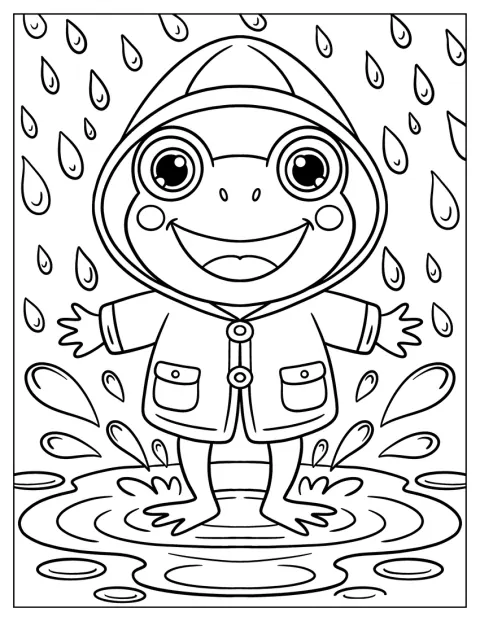 Sous la pluie, une grenouille en imperméable éclabousse une flaque.