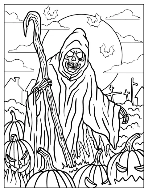 Angry Grim Reaper Coloring Page Holding Staff