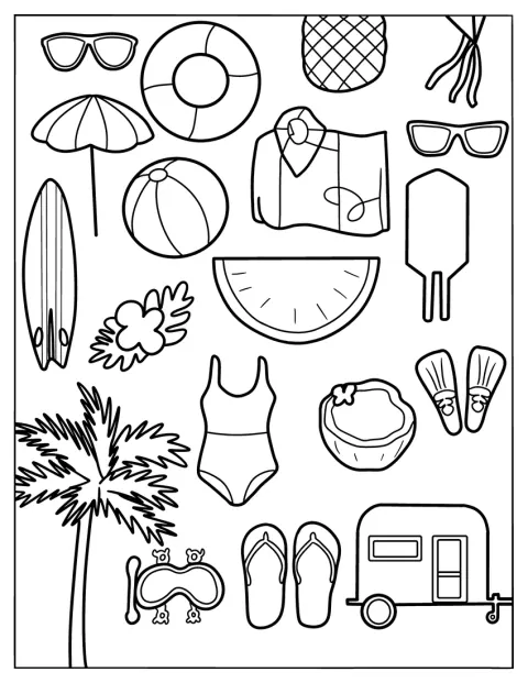 Fiori, costume da bagno, cappello, camper, albero, tavola da surf e bibite compongono una scena estiva.