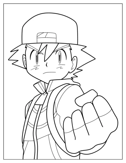 Ash Ketchum levanta el puño en un sencillo retrato de contorno.