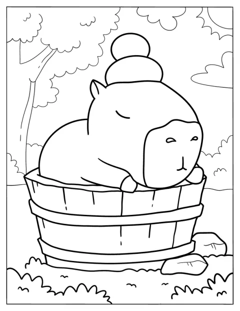 Ein niedliches Chibi-Capybara schläft zusammengerollt in der Badewanne.