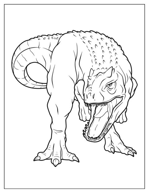 Indominus Rex stojí v jednoduchém obrysu připravený k vybarvení.