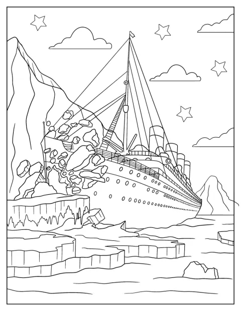 Titanics sida stöter emot ett stort isberg i havet.