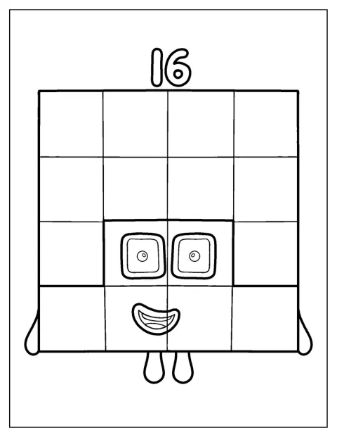 Le Numberblock 16 affiche un grand sourire.