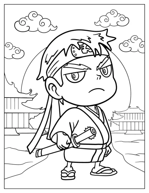 Malý chibi samuraj se zamračeným výrazem stojí připravený k boji.