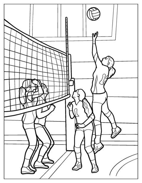 Volleybollspelare tävlar i en match inomhus.