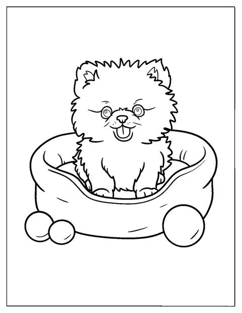 Pomeranianpentu makaa pehmeässä pedissä lelujen ympäröimänä.