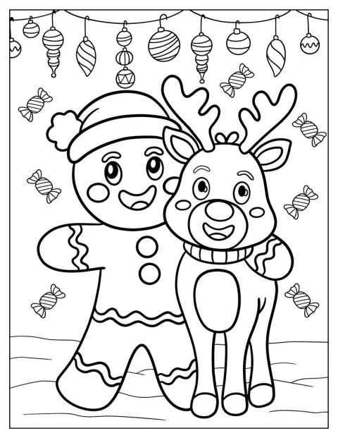 Un omino di pan di zenzero abbraccia una renna decorata con ornamenti e caramelle.