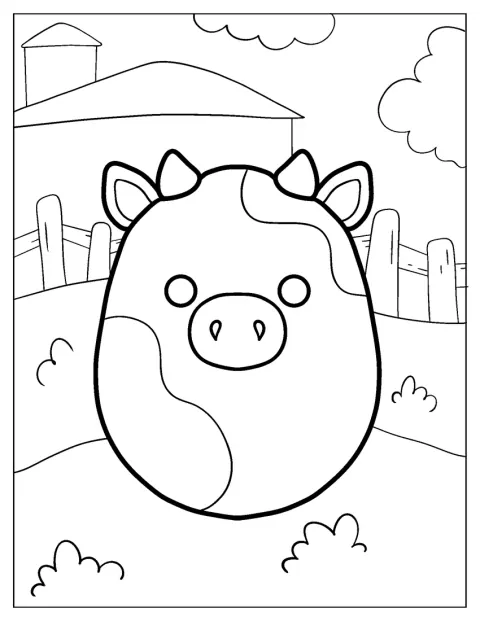 Patty pose en vache Squishmallow dans un portrait.