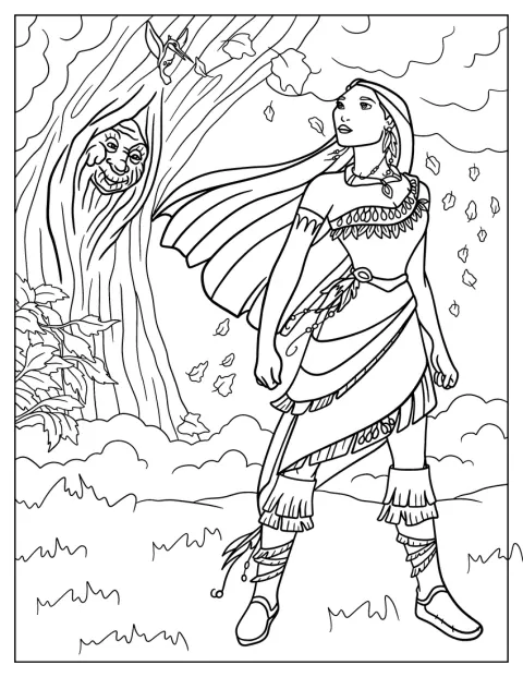 Pocahontas è accanto a nonna Salice nella foresta.