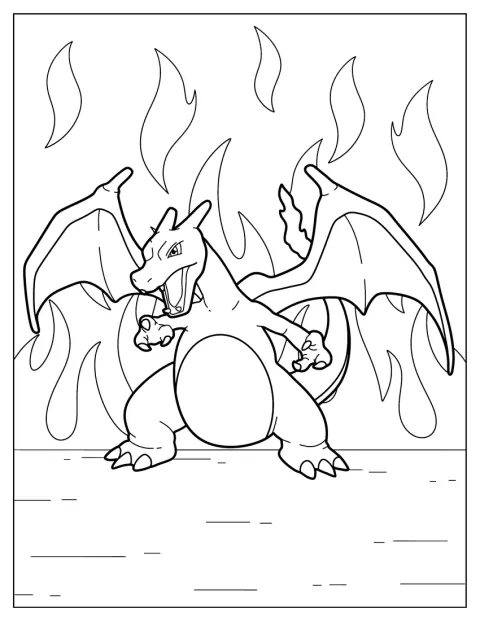 Charizard stojí obklopený plameny.