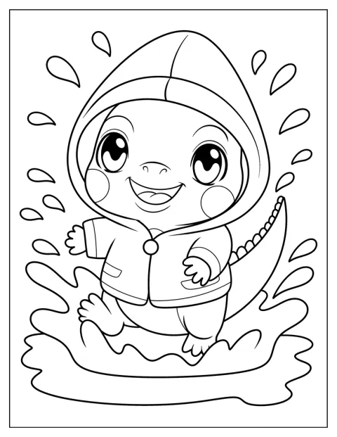 Un’iguana in stile kawaii indossa un impermeabile e posa sotto la pioggia.