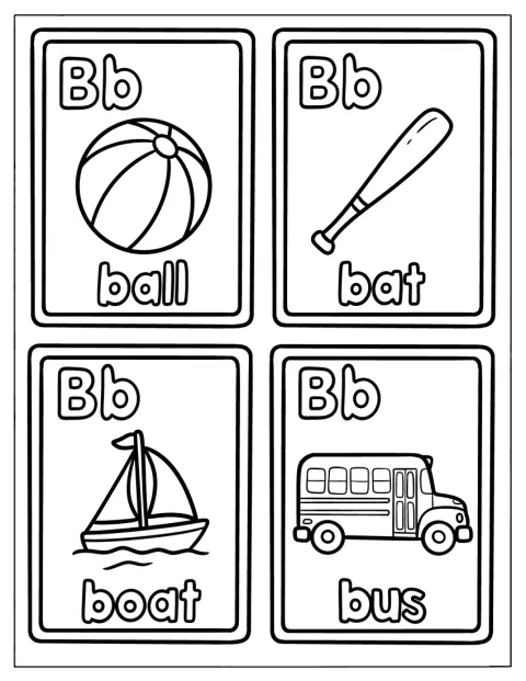 Une balle, une batte, un bateau et un bus illustrent la lettre B.