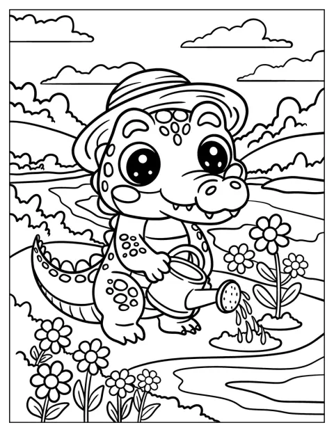 En söt krokodil planterar blommor i en trädgård.