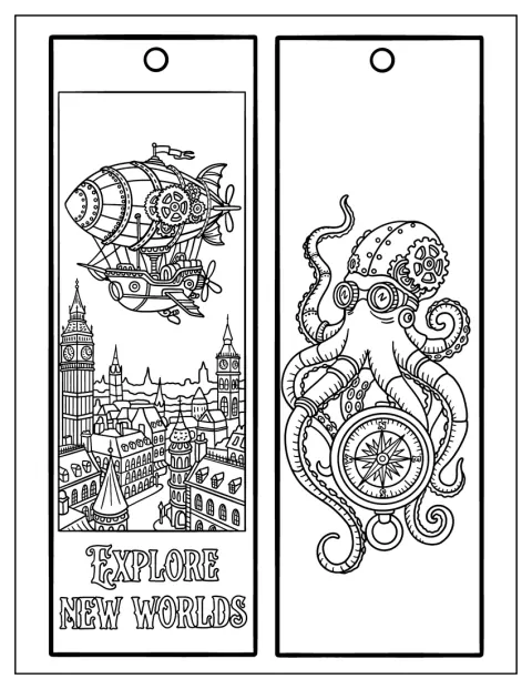 Un dirigible steampunk sobrevuela una ciudad mientras un pulpo mecánico aparece en otra escena.