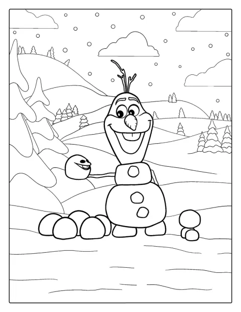 Olaf staat samen met een groepje kleine Snowgies.