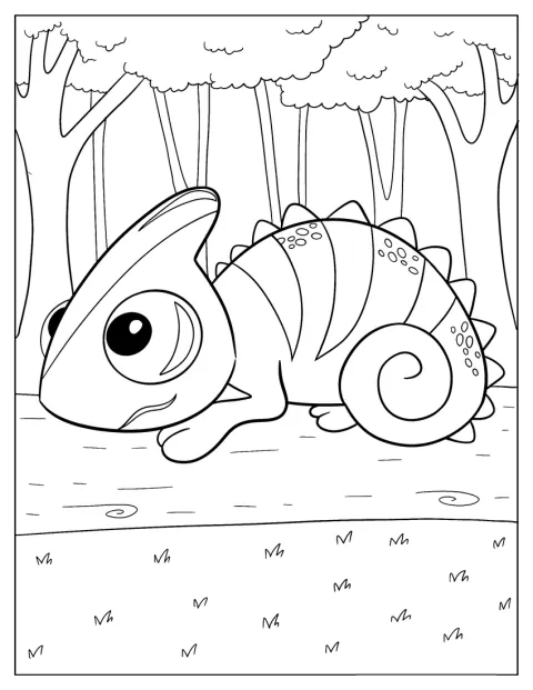 Un cameleon mic și simpatic stă așezat pe un buștean.