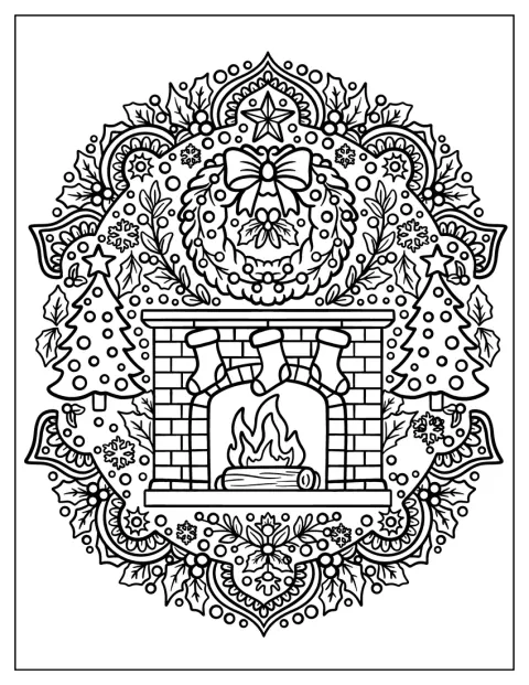 Uma lareira com grinalda, árvores e estrelas ocupa esta mandala festiva.