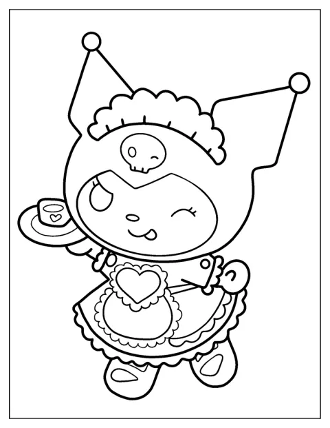 Maidoksi pukeutunut Kuromi tarjoilee teetä.