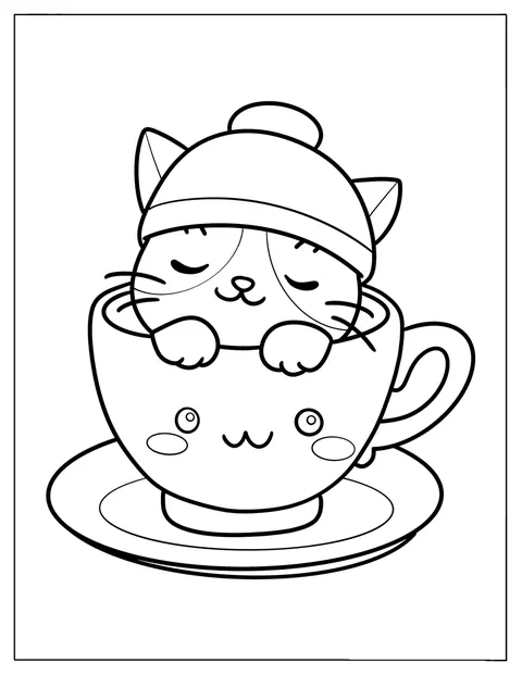 Un gato chibi adormilado descansa acurrucado dentro de una taza de té.