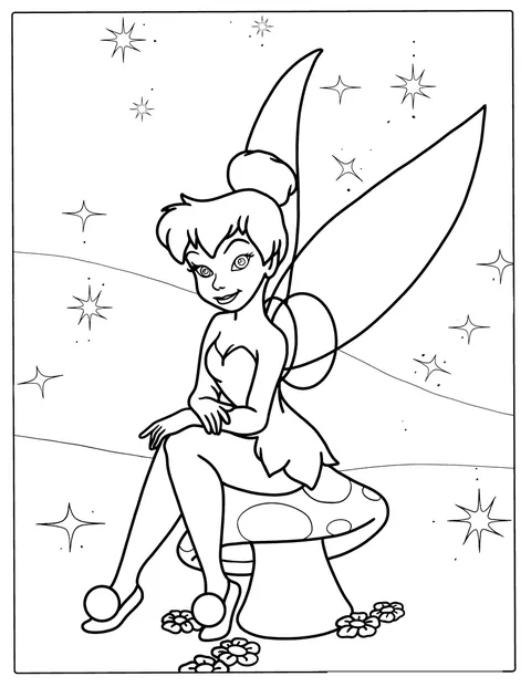 Tinker Bell sitzt auf einem großen Pilz.