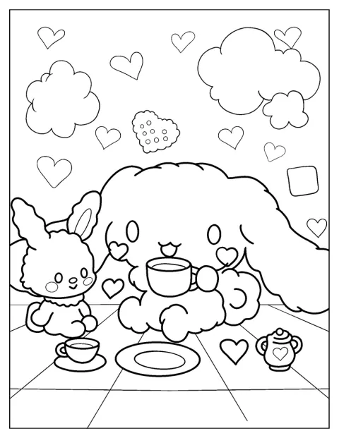 Ved et bord nyder Cinnamoroll en kop te sammen med en ven.