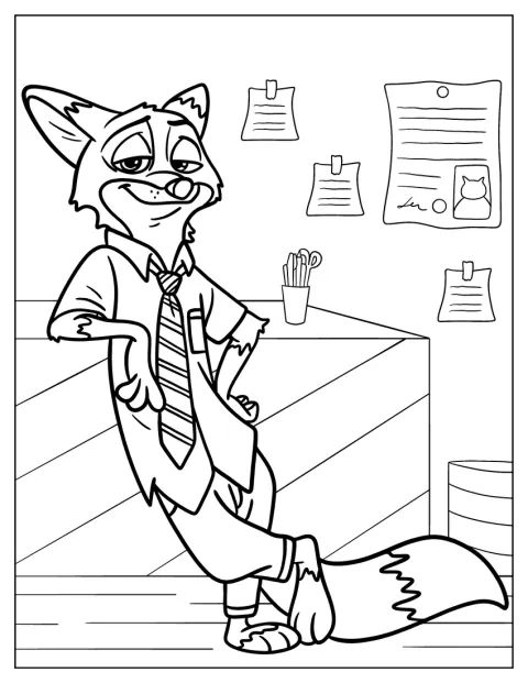 Nick Wilde stă în biroul său din Zootopia.