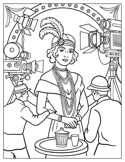 Aktorka z opaską z piór pozuje otoczona aparatami fotograficznymi.