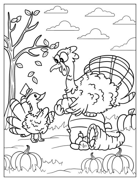 Duży indyk podaje dynię małemu indykowi na Święto Dziękczynienia.