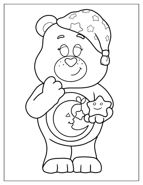 Bedtime Bear csillagokkal díszített hálósapkát visel.