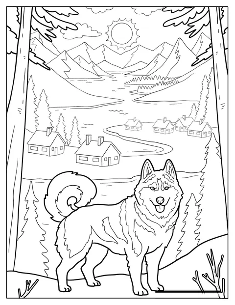 Von einer hohen Klippe aus blickt ein Husky auf ein kleines Dorf hinab.