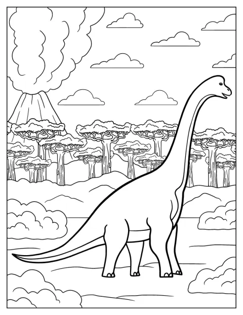 Ein Brachiosaurus entfernt sich von einem ausbrechenden Vulkan.