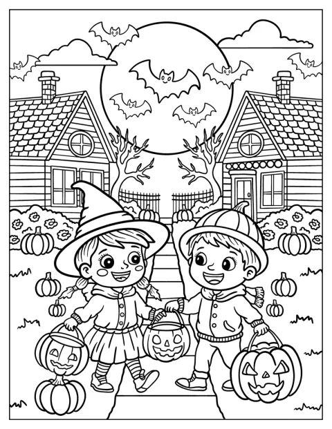 Ein Mädchen und ein Junge gehen an Halloween verkleidet von Tür zu Tür.