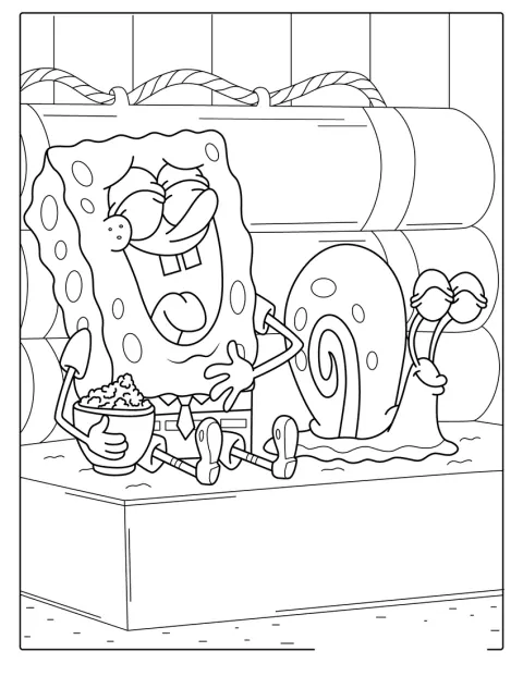 SpongeBob en Gerrie de slak lachen samen.