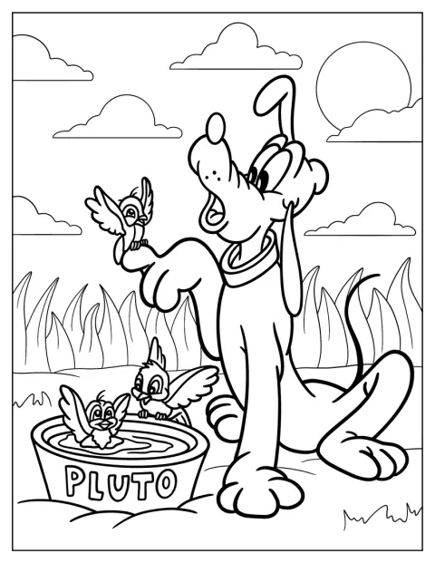 Pluto leger med fugle omkring sig.