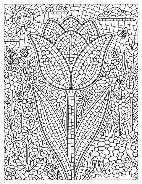 Tulppaani kukkii puutarhassa mosaiikkikuvioisena.
